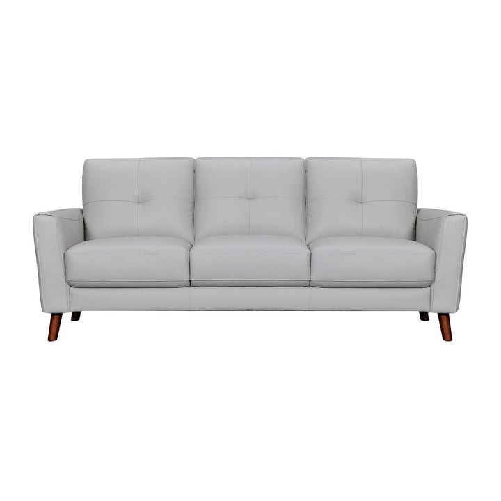 Ashford 82" Light Slate Gray Leather Sofa with Tufted Cushions and Brown Legs