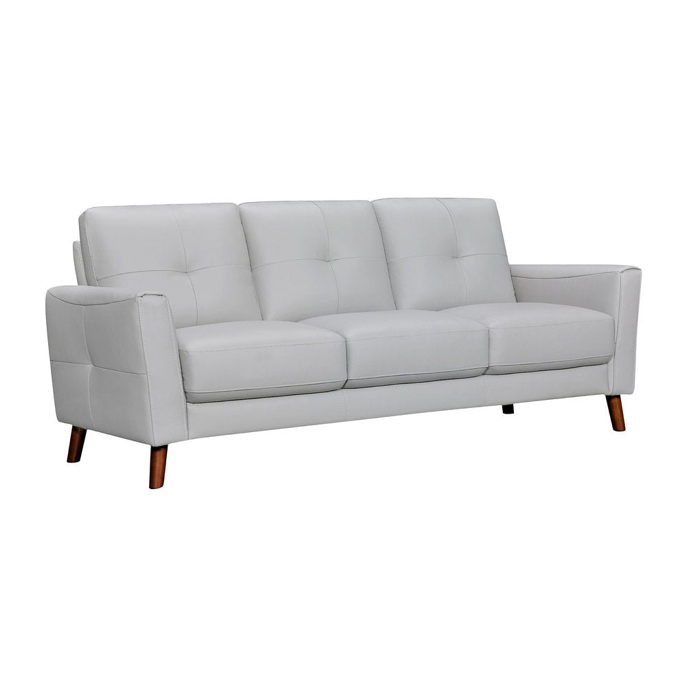 Ashford 82" Light Slate Gray Leather Sofa with Tufted Cushions and Brown Legs