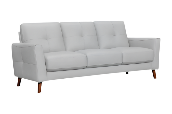 Ashford 82" Light Slate Gray Leather Sofa with Tufted Cushions and Brown Legs