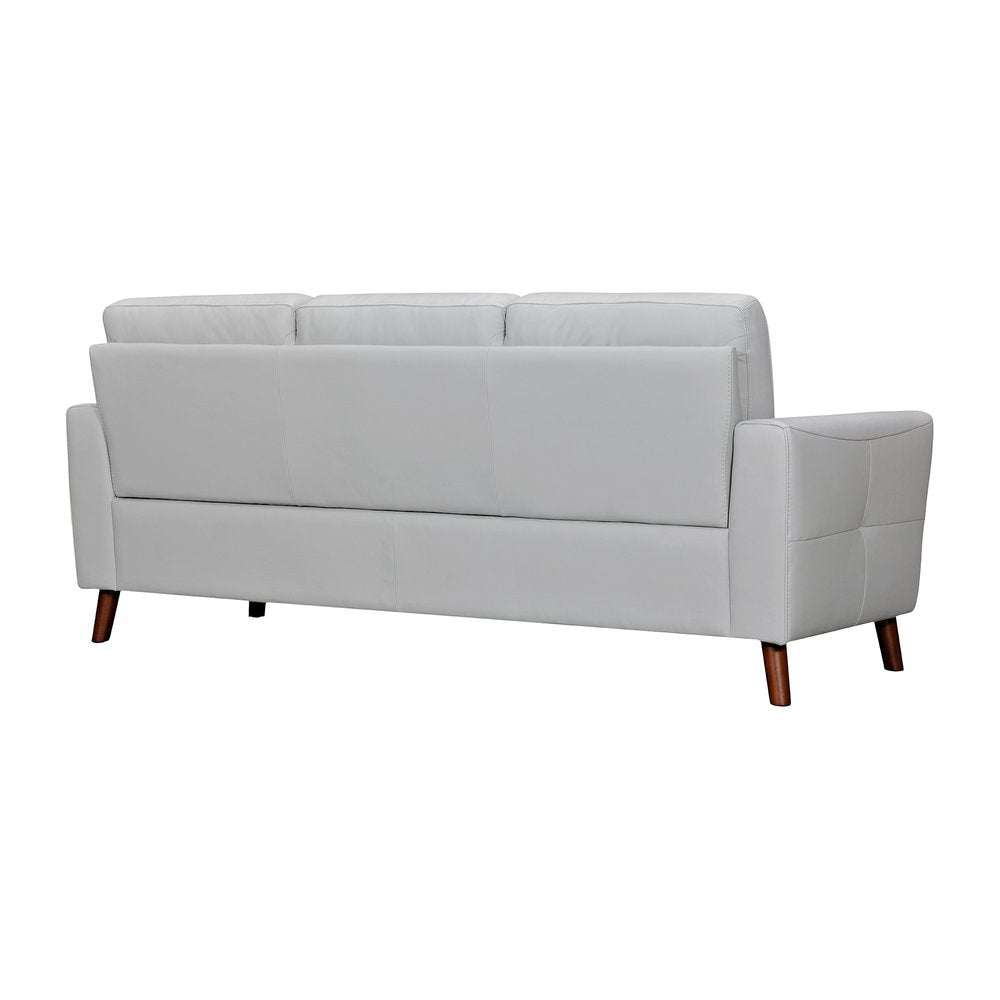 Ashford 82" Light Slate Gray Leather Sofa with Tufted Cushions and Brown Legs
