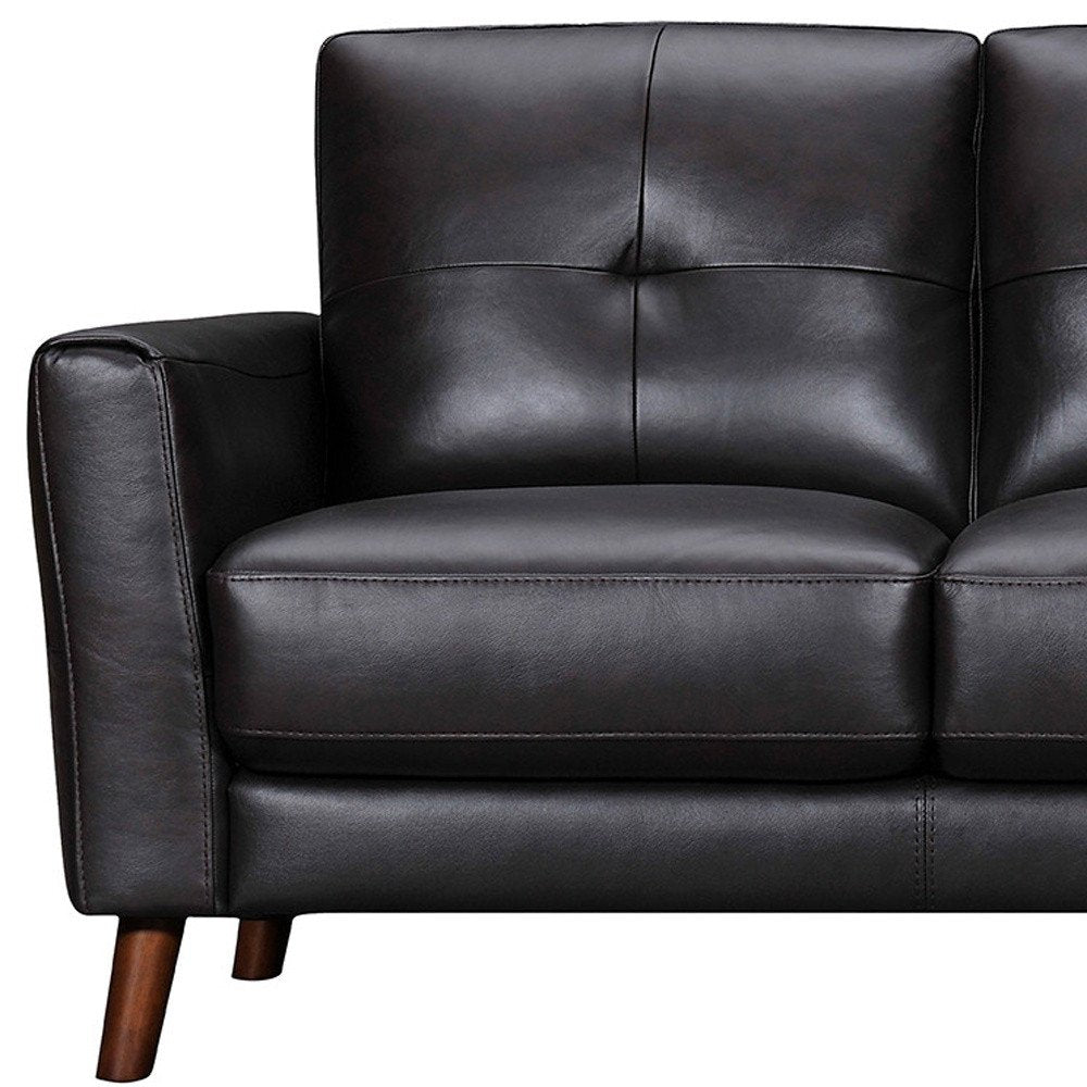 Hawthorne 82" Black Leather Sofa with Tufted Cushions and Brown Legs