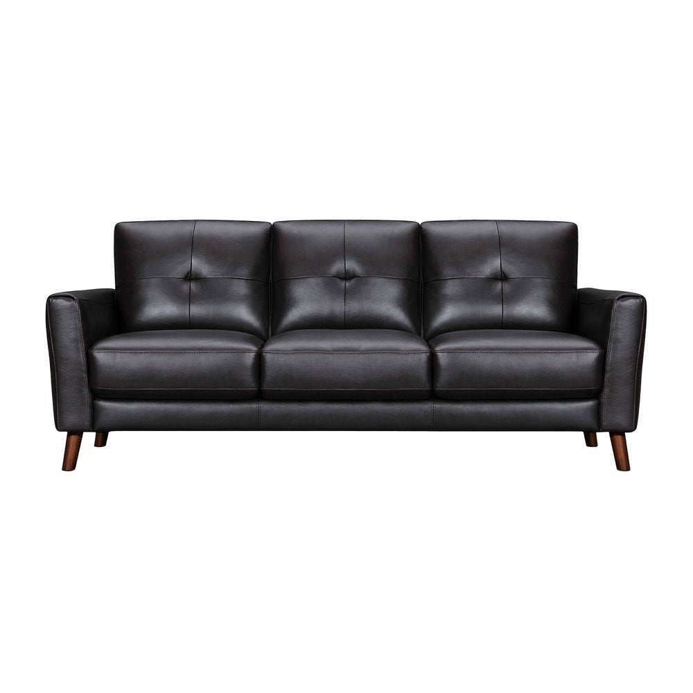 Hawthorne 82" Black Leather Sofa with Tufted Cushions and Brown Legs