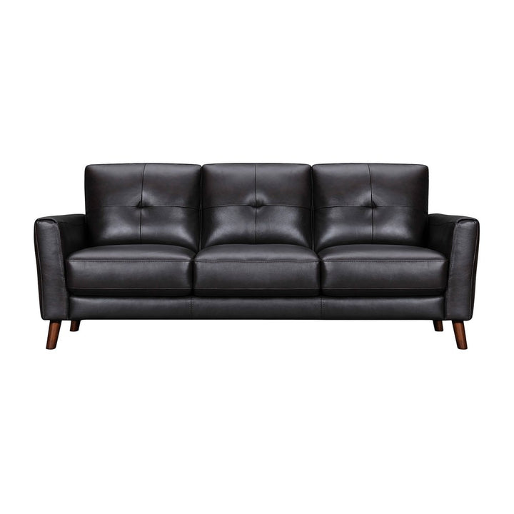 Hawthorne 82" Black Leather Sofa with Tufted Cushions and Brown Legs