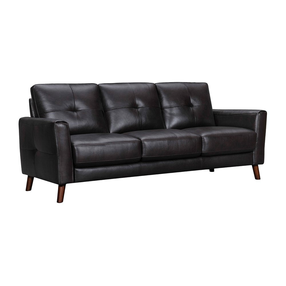 Hawthorne 82" Black Leather Sofa with Tufted Cushions and Brown Legs