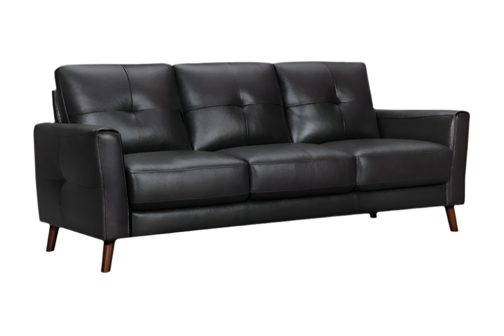 Hawthorne 82" Black Leather Sofa with Tufted Cushions and Brown Legs