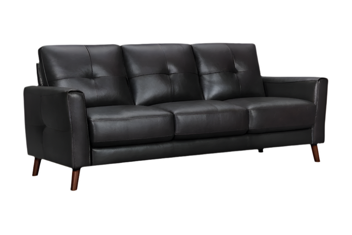 Hawthorne 82" Black Leather Sofa with Tufted Cushions and Brown Legs