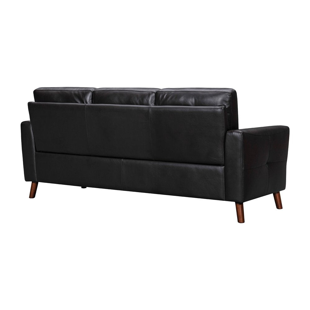 Hawthorne 82" Black Leather Sofa with Tufted Cushions and Brown Legs
