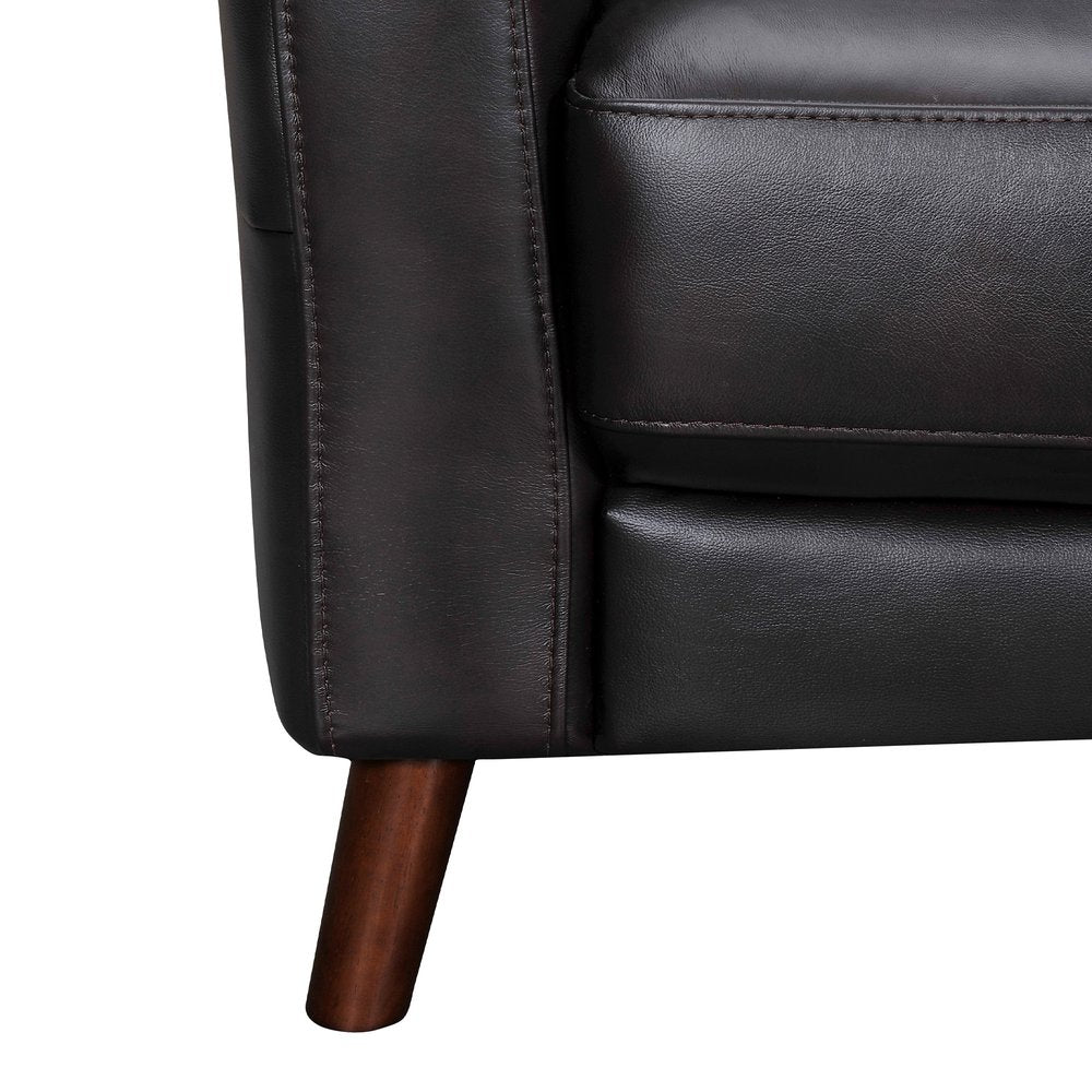 Hawthorne 82" Black Leather Sofa with Tufted Cushions and Brown Legs