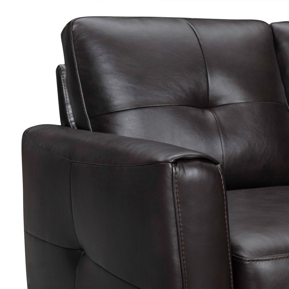 Hawthorne 82" Black Leather Sofa with Tufted Cushions and Brown Legs