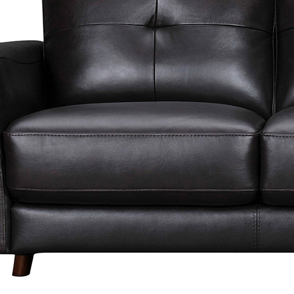 Hawthorne 82" Black Leather Sofa with Tufted Cushions and Brown Legs