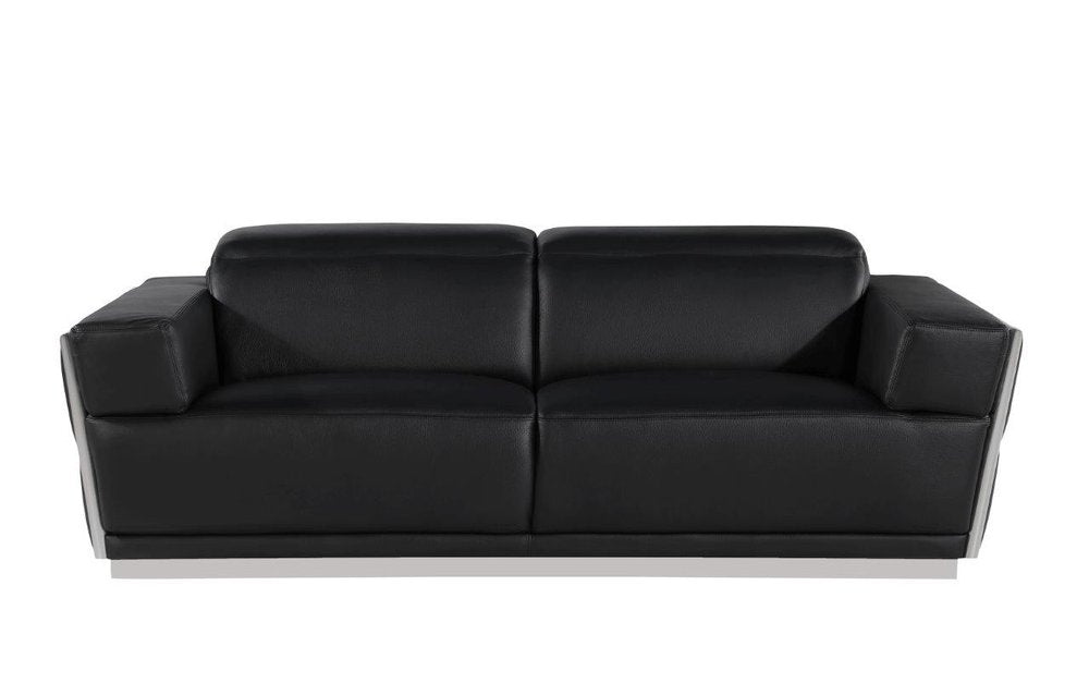 Marcello 89" Black Italian Leather Sofa with Silver Trim and Tufted Sides