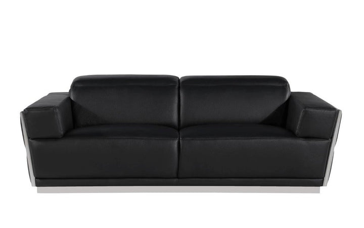 Marcello 89" Black Italian Leather Sofa with Silver Trim and Tufted Sides