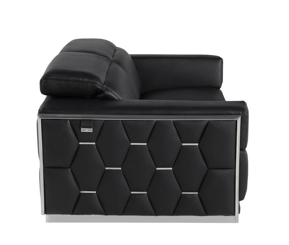 Marcello 89" Black Italian Leather Sofa with Silver Trim and Tufted Sides