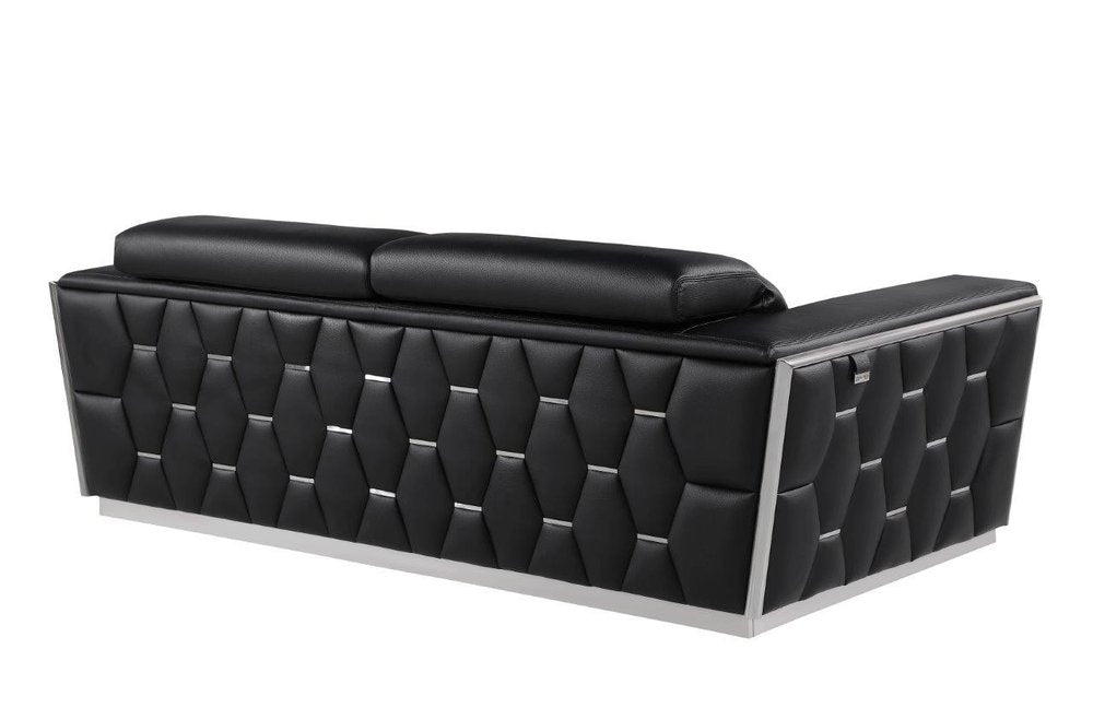 Marcello 89" Black Italian Leather Sofa with Silver Trim and Tufted Sides