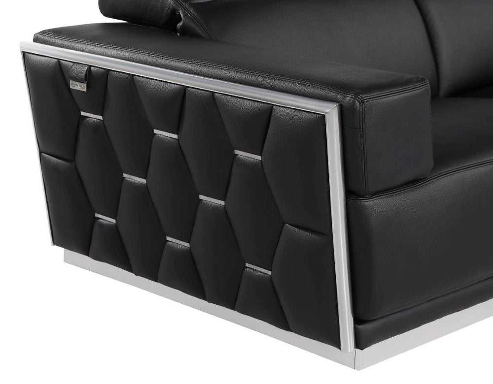 Marcello 89" Black Italian Leather Sofa with Silver Trim and Tufted Sides
