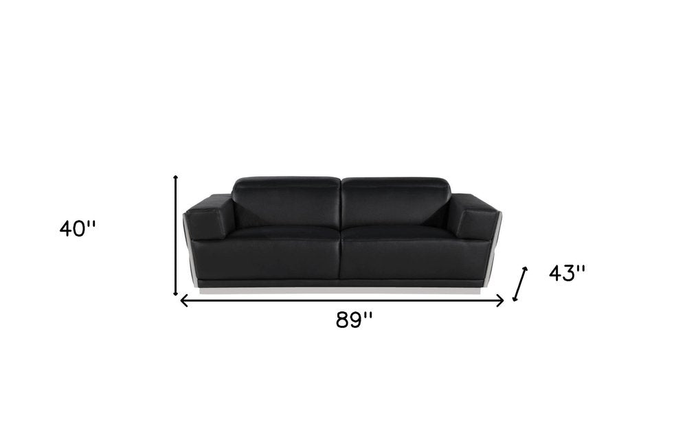 Marcello 89" Black Italian Leather Sofa with Silver Trim and Tufted Sides