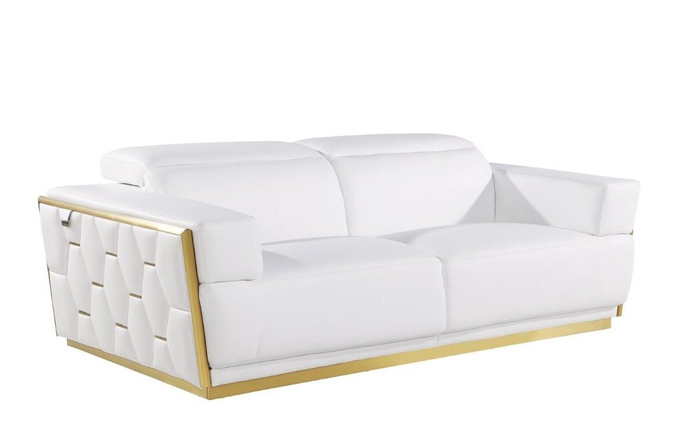 Giuliano 89" White Italian Leather Sofa with Gold Trim and Tufted Sides