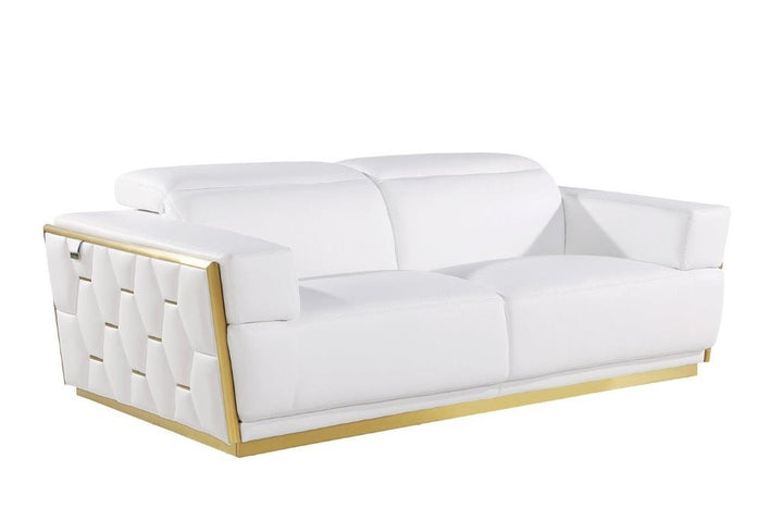 Giuliano 89" White Italian Leather Sofa with Gold Trim and Tufted Sides