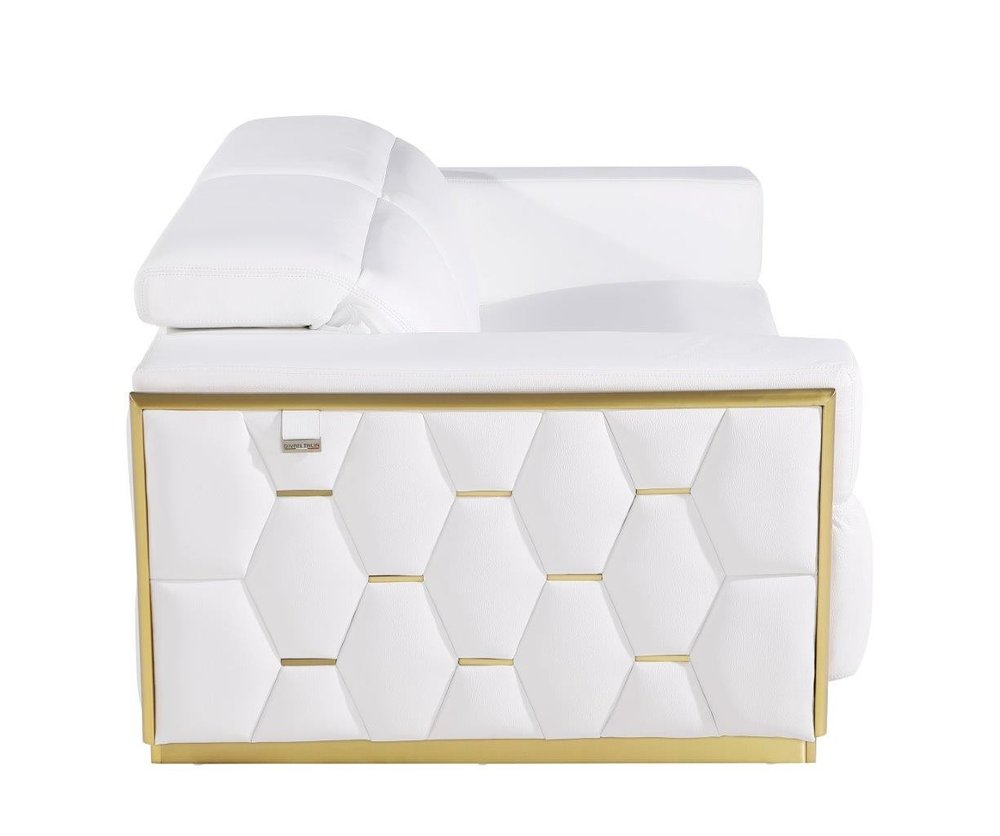 Giuliano 89" White Italian Leather Sofa with Gold Trim and Tufted Sides