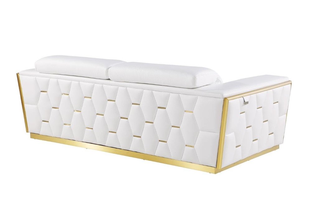 Giuliano 89" White Italian Leather Sofa with Gold Trim and Tufted Sides