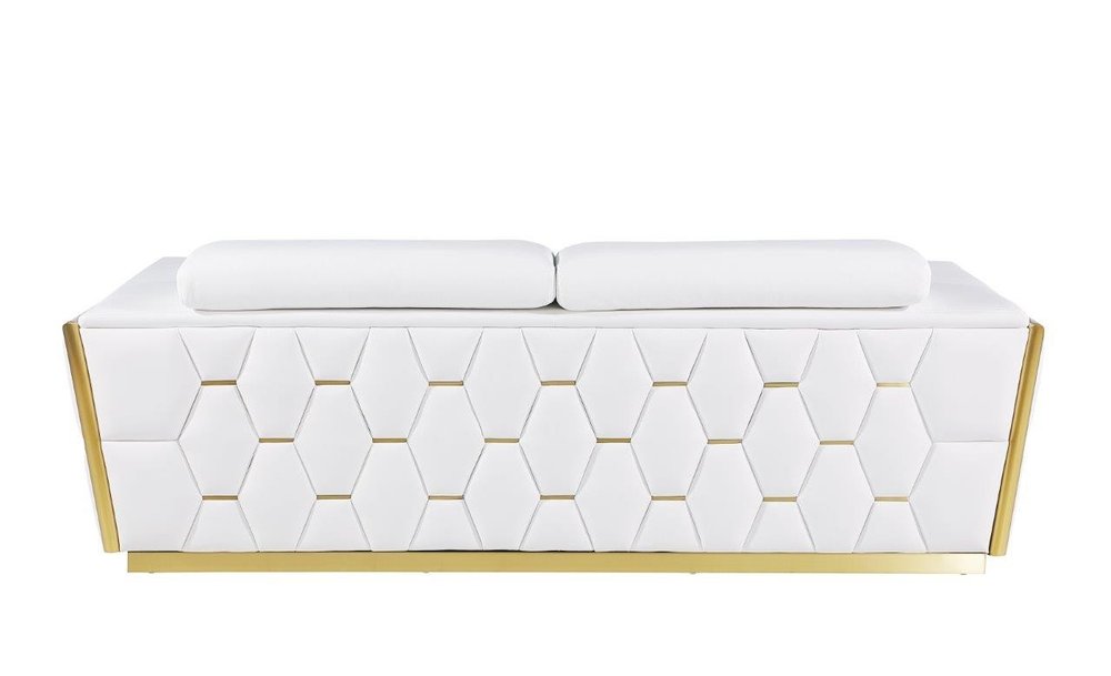 Giuliano 89" White Italian Leather Sofa with Gold Trim and Tufted Sides