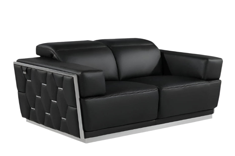 Monaco 70″ Black & Silver Italian Leather Loveseat with Square Arms