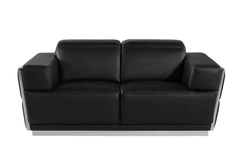 Monaco 70″ Black & Silver Italian Leather Loveseat with Square Arms