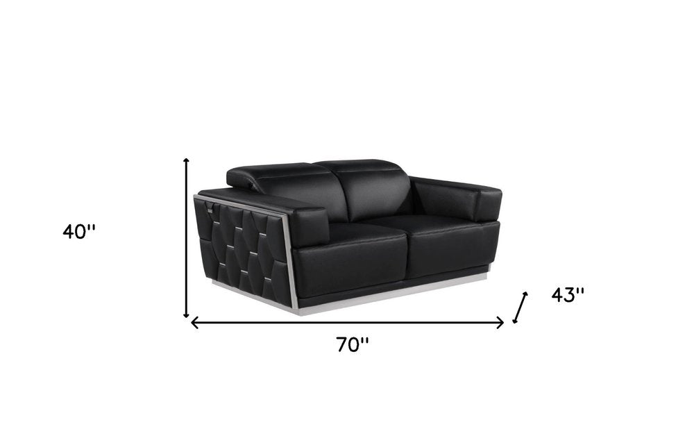 Benoît 70" Black Premium Italian Leather Loveseat with Silver Accents