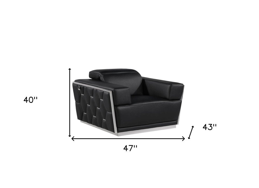 Velluto 47" Black Italian Leather Club Chair with Silver Legs and Adjustable Headrest
