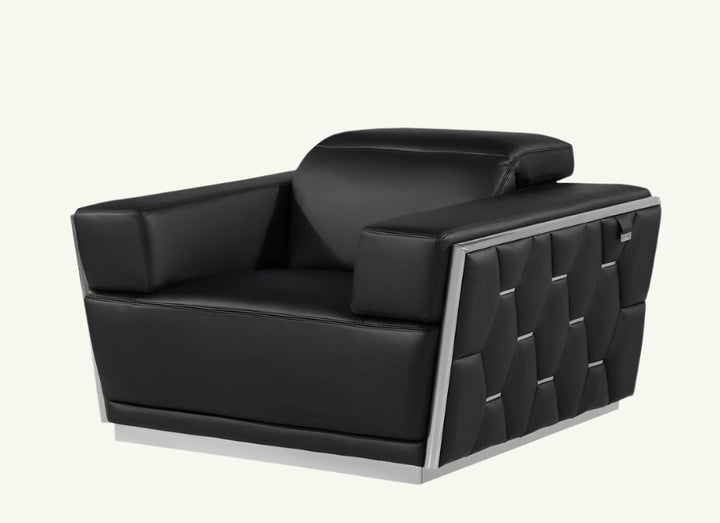Velluto 47" Black Italian Leather Club Chair with Silver Legs and Adjustable Headrest