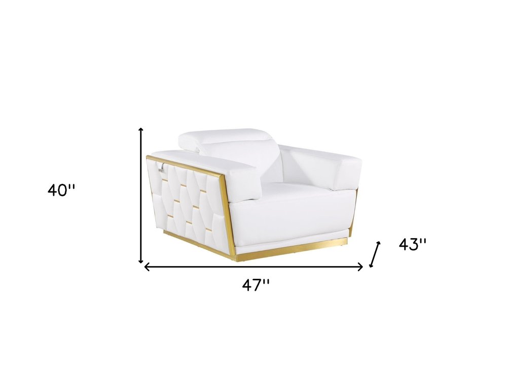 Capri 47″ White & Gold Italian Leather Club Chair with Adjustable Headrest