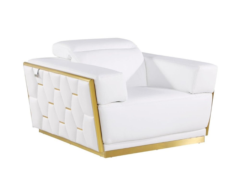 Velluto 47" White Italian Leather Club Chair with Gold Legs and Adjustable Headrest