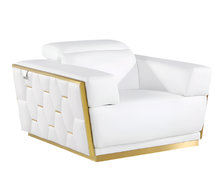 Velluto 47" White Italian Leather Club Chair with Gold Legs and Adjustable Headrest