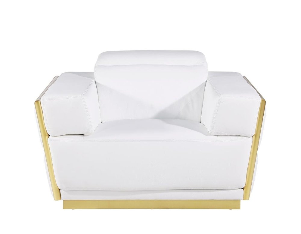 Velluto 47" White Italian Leather Club Chair with Gold Legs and Adjustable Headrest
