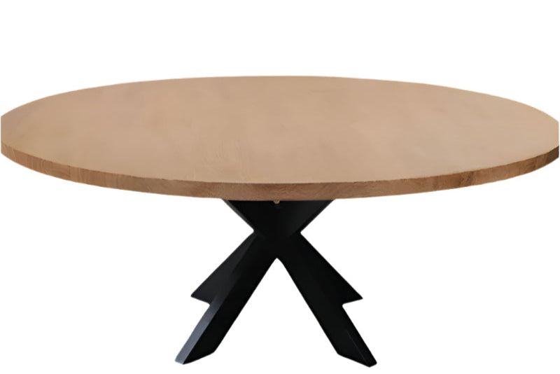 60" Natural And Black Rounded Solid Wood And Iron Pedestal Base Dining Table