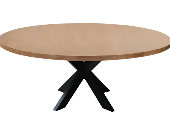 60" Natural And Black Rounded Solid Wood And Iron Pedestal Base Dining Table