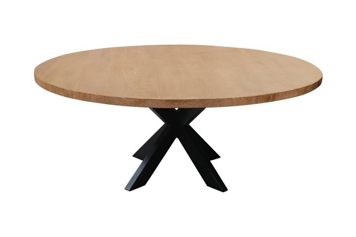 60" Natural And Black Rounded Solid Wood And Iron Pedestal Base Dining Table