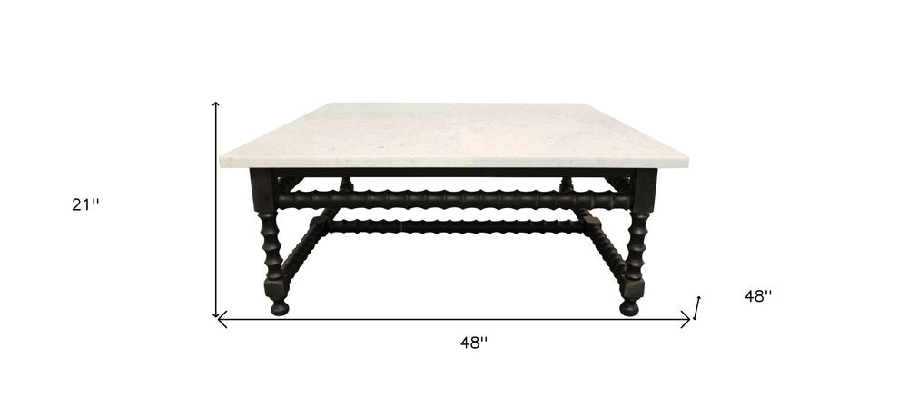 48-Inch White Marble and Black Solid Wood Square Coffee Table