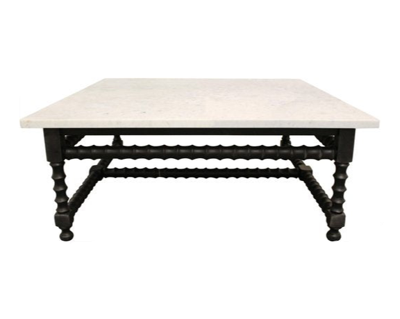 48-Inch White Marble and Black Solid Wood Square Coffee Table