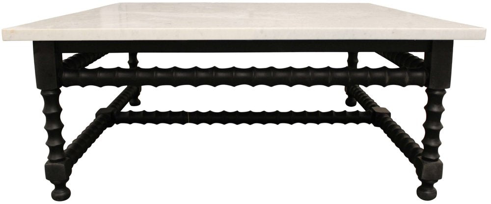 48-Inch White Marble and Black Solid Wood Square Coffee Table