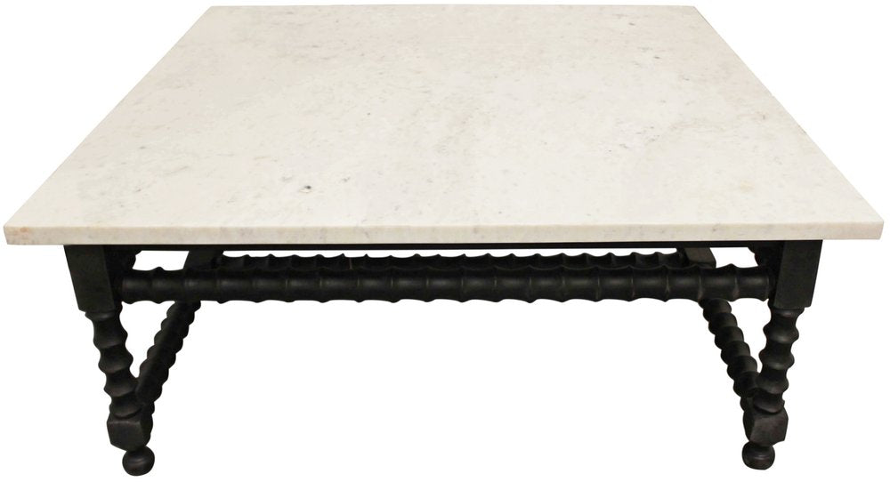 48-Inch White Marble and Black Solid Wood Square Coffee Table
