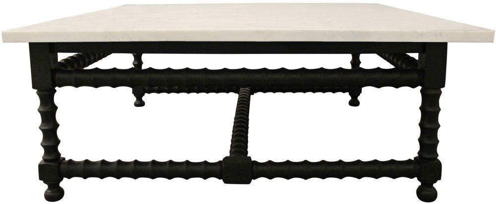 48-Inch White Marble and Black Solid Wood Square Coffee Table