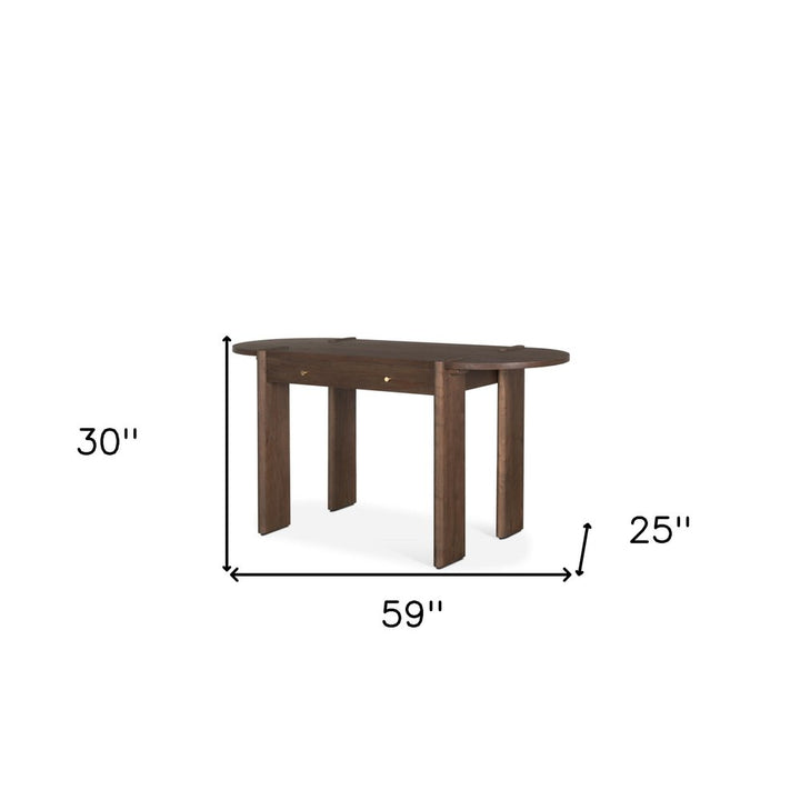 Brielle 59" Dark Brown Solid Elm Oval Writing Desk with Drawer