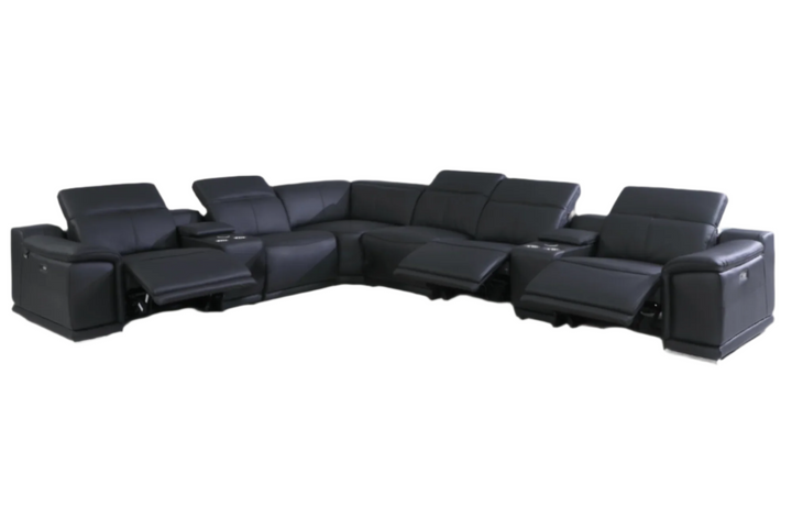 Modena Black Premium Italian Leather Power Reclining U-Shaped 8-Piece Sectional with Dual Consoles and USB Ports